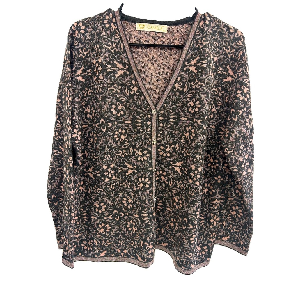 VINTAGE CAMELA CARDIGAN WOOL MIX FLORAL BUTTONS DOWN SHINY SILVER GOLD THREADS